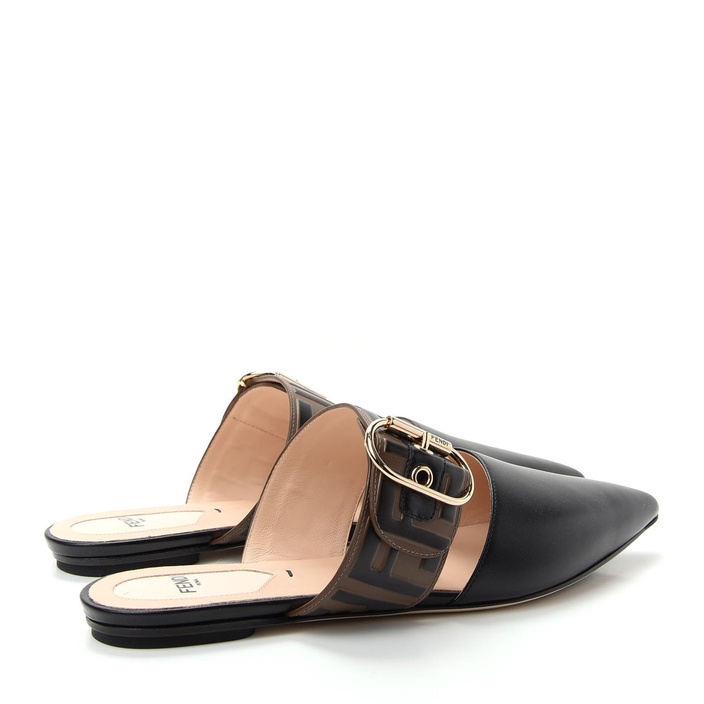 Vitello FF Embossed Buckle Flat Mules 37 Maya Black