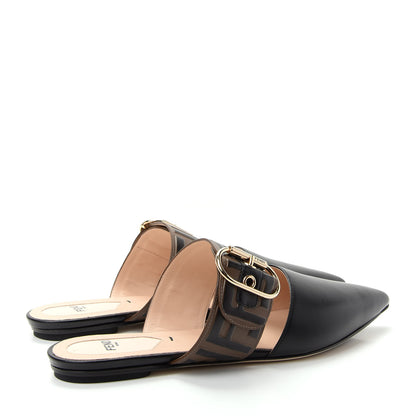 Fendi Vitello FF Embossed Buckle Flat Mules 37 Maya Black 4 of 10