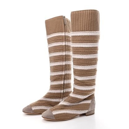 Chanel Knit Suede Stripe High Boots 36 Dark Beige White 3 of 6