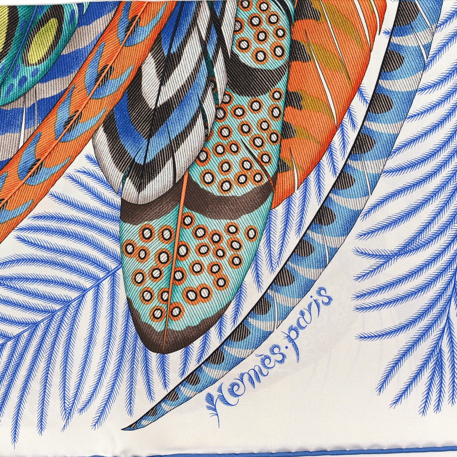 Hermes Silk Plumes En Fete Scarf 90 Blanc Turquoise Multicolor 2 of 3