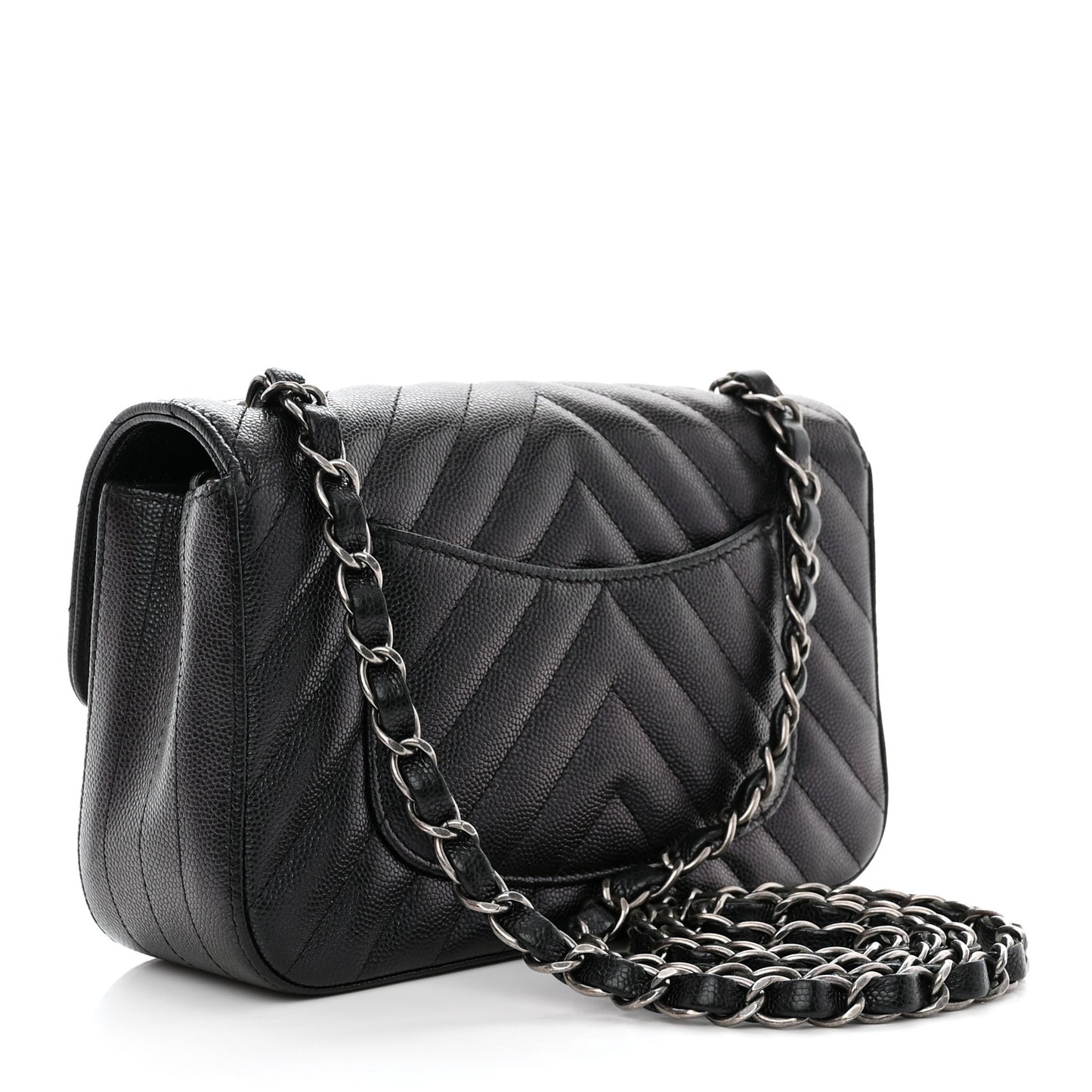 Metallic Caviar Chevron Quilted Mini Rectangular Flap Black