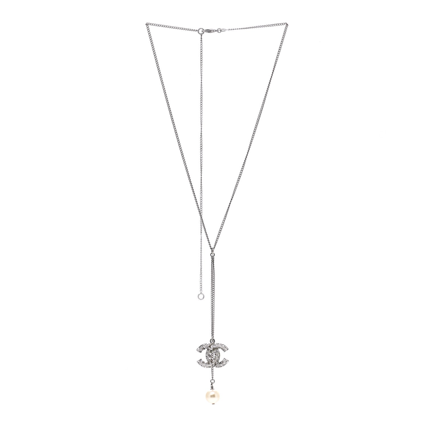 Chanel Baguette Crystal Pearl CC Lariat Necklace Silver 3 of 5