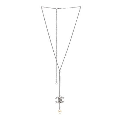 Chanel Baguette Crystal Pearl CC Lariat Necklace Silver 3 of 5