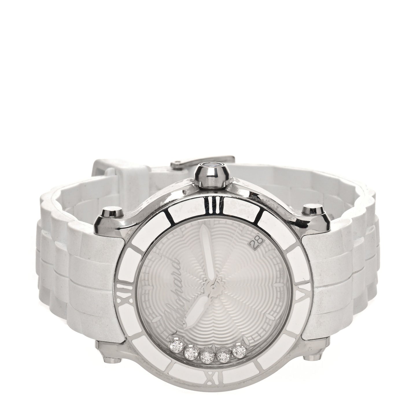 Stainless Steel Rubber 5 Diamond 36mm Happy Sport Guilloche Quartz Watch White
