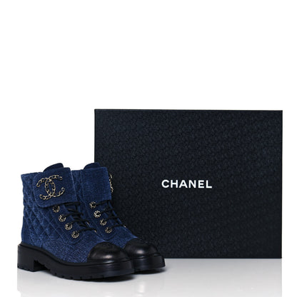 Chanel Shiny Calfskin Velvet Quilted Lace Up Combat Boots 36 Blue Black 9 of 9