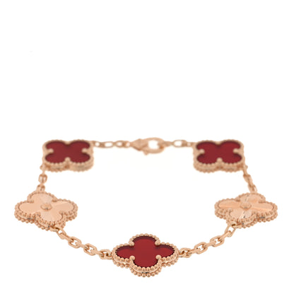 Van Cleef & Arpels 18K Rose Gold Carnelian 5 Motifs Guilloche Vintage Alhambra Bracelet 1 of 4