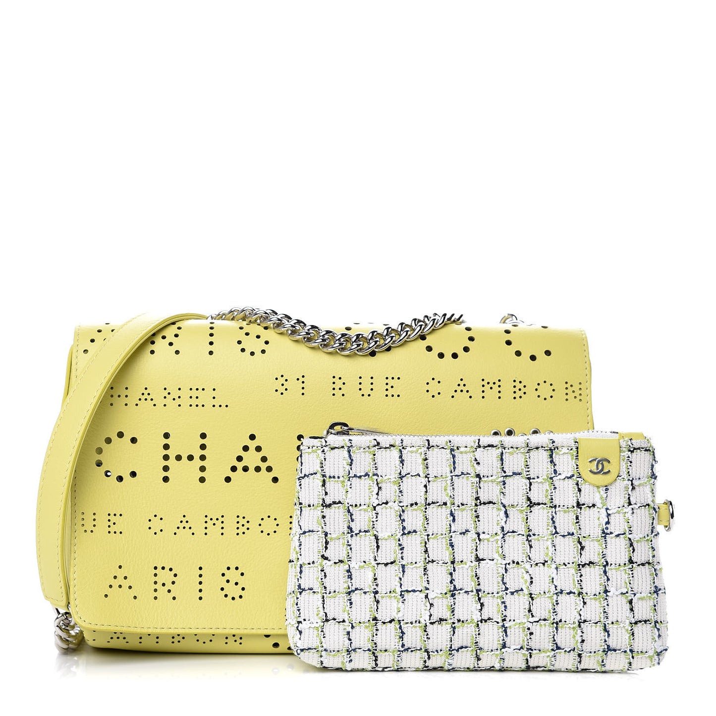 Calfskin Tweed Piercing Light Flap Bag Yellow White Green