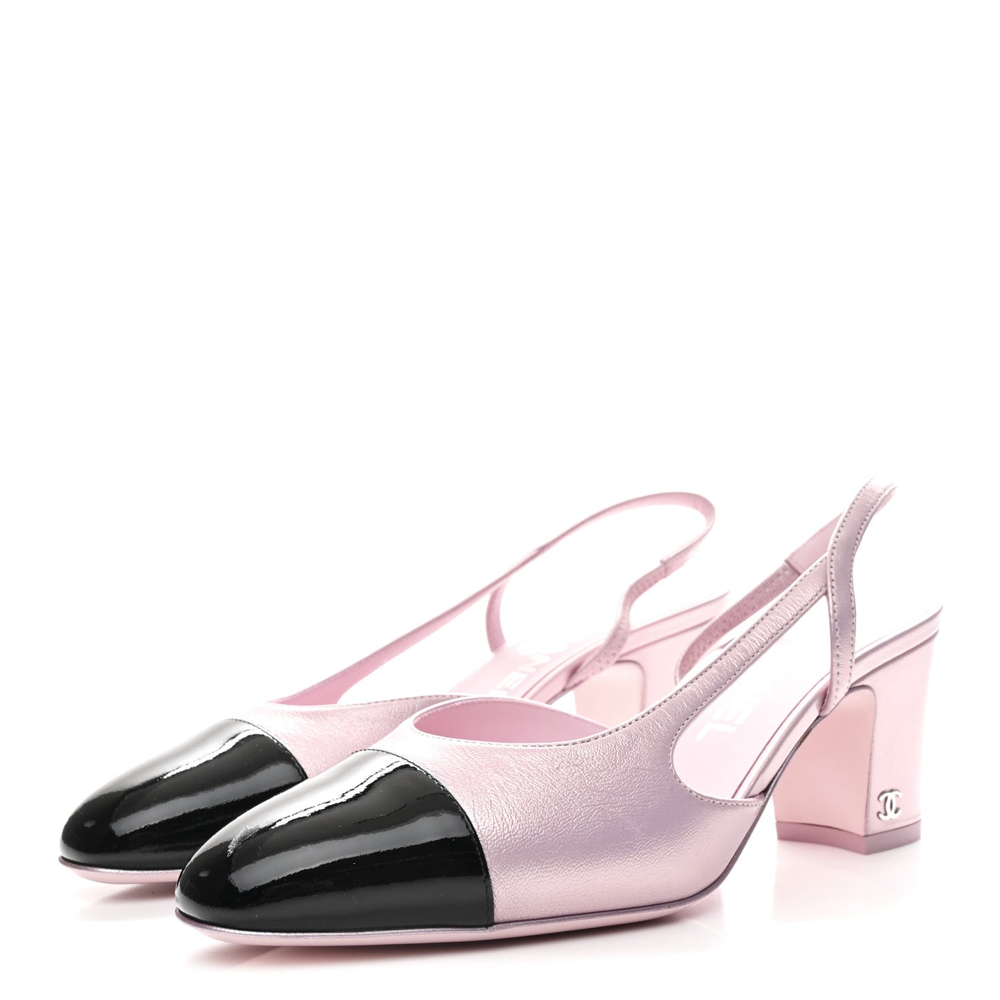 Laminated Lambskin Patent Cap Toe CC Slingback Pumps 37 Light Pink Black