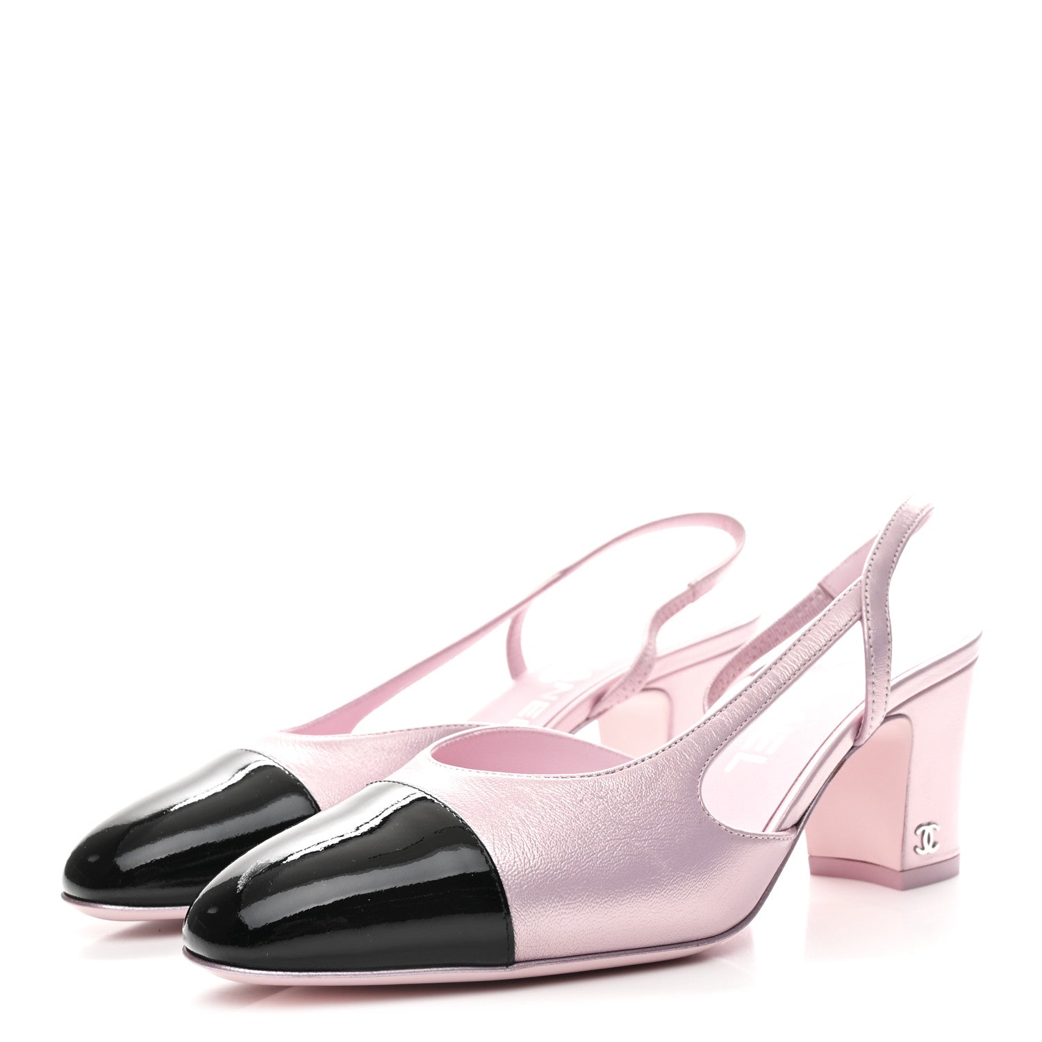 Chanel Laminated Lambskin Patent Cap Toe CC Slingback Pumps 37 Light Pink Black 4 of 10