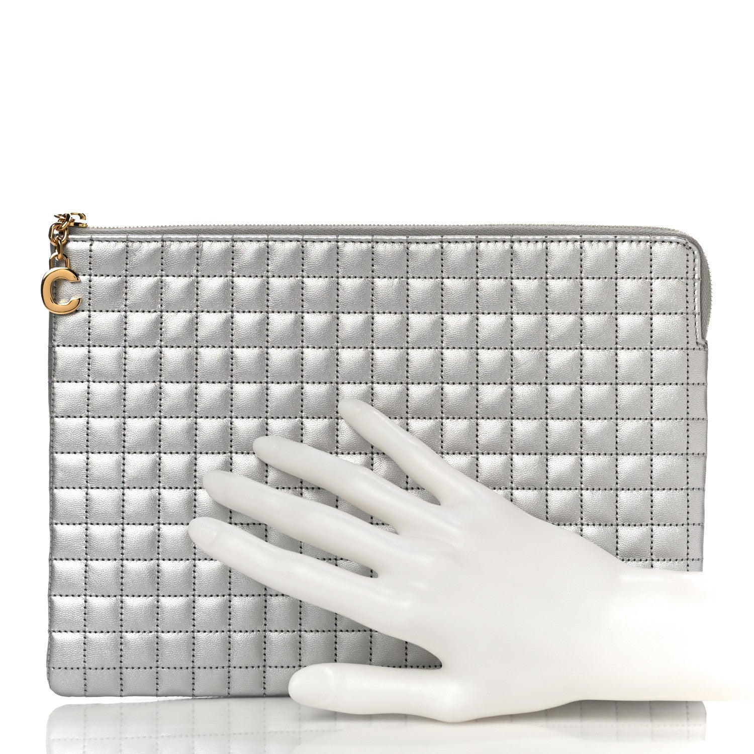 Celine Laminated Calfskin Quilted C Charm Pouch Silver 2 of 9