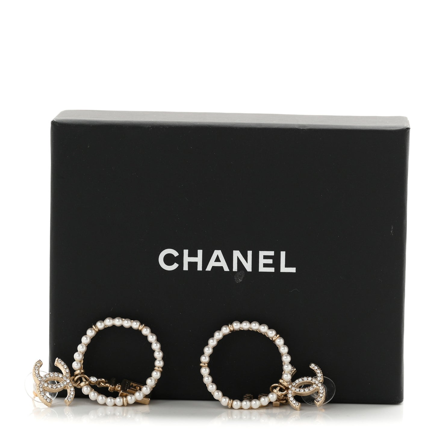 Crystal Pearl Chanel Charms CC Drop Earrings Gold