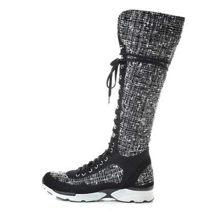 Chanel Tweed Suede Calfskin Sneaker High Boots 38.5 Black White 1 of 6