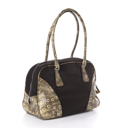 Prada Tessuto Nylon Calfskin Lizard Embossed Tote Ebano 3 of 9