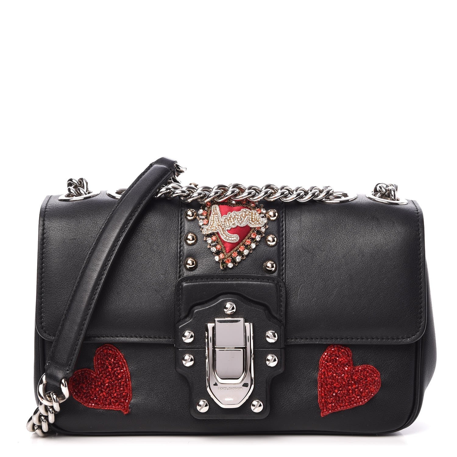 Dolce & Gabbana Calfskin Lucia Amore Heart Chain Shoulder Bag Black 1 of 8