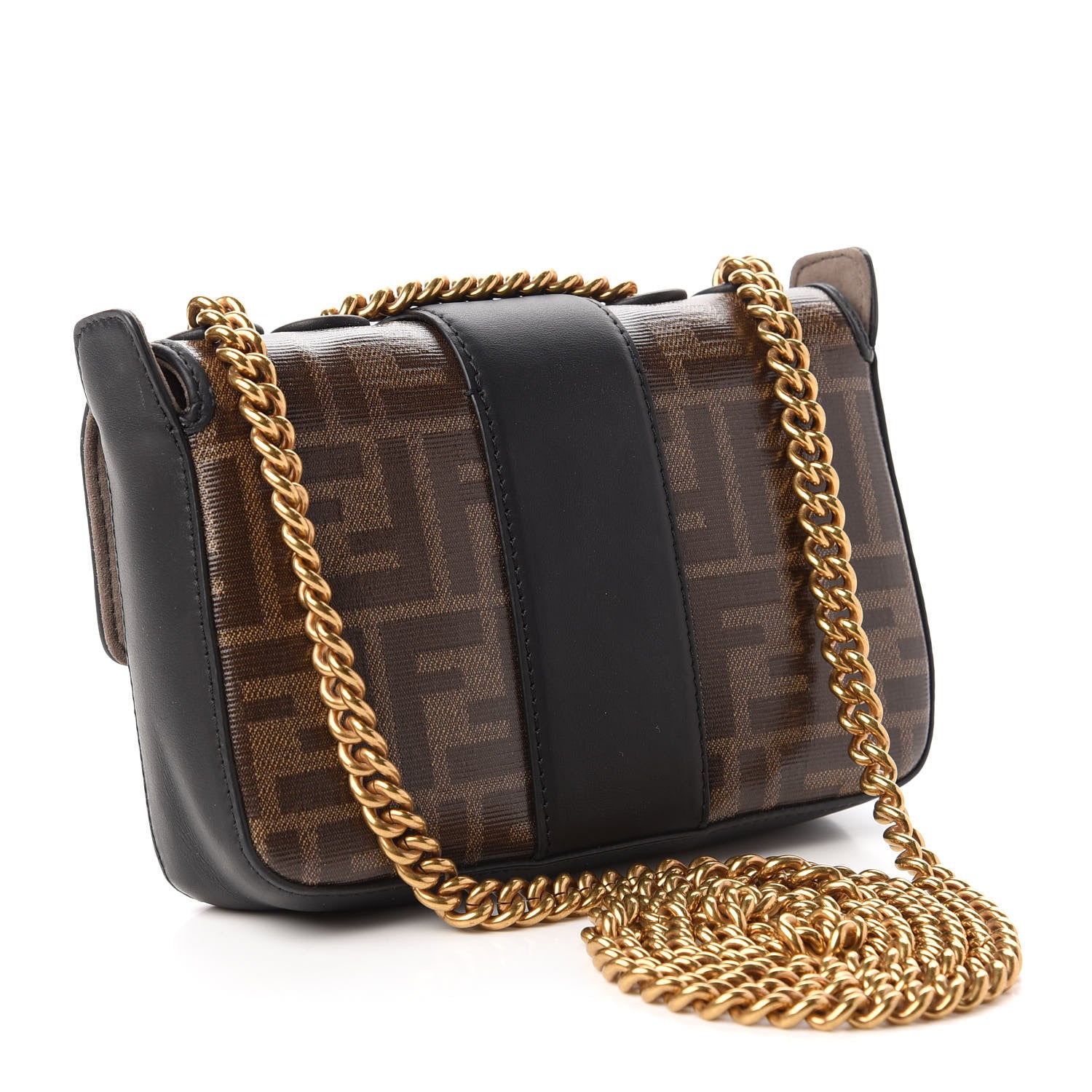 Fendi Glazed Fabric Vitello Century FF 1974 Stamp Patch Mini Double F Crossbody Bag Mogano Panna Black 3 of 12