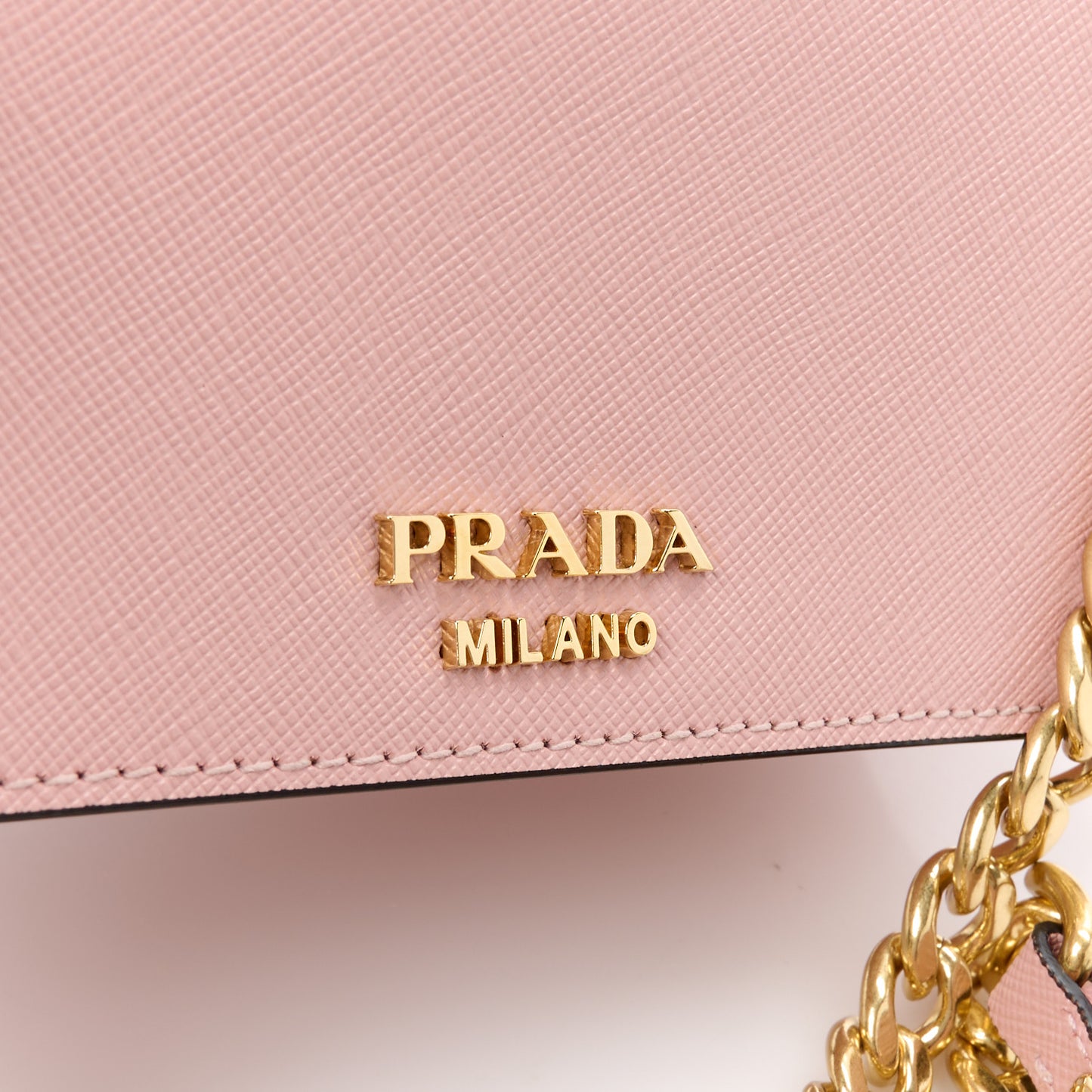 Saffiano Soft Calfskin Metal Triangle Logo Envelope Chain Shoulder Bag Orchidea