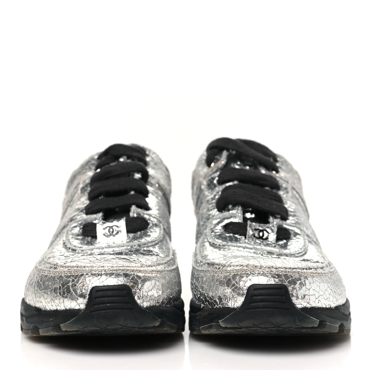 Metallic Crackled Calfskin CC Sneakers 39.5 Silver Black Navy