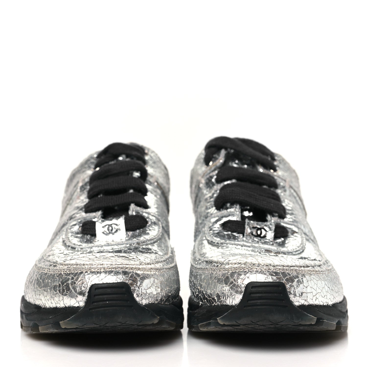 Chanel Metallic Crackled Calfskin CC Sneakers 39.5 Silver Black Navy 3 of 9