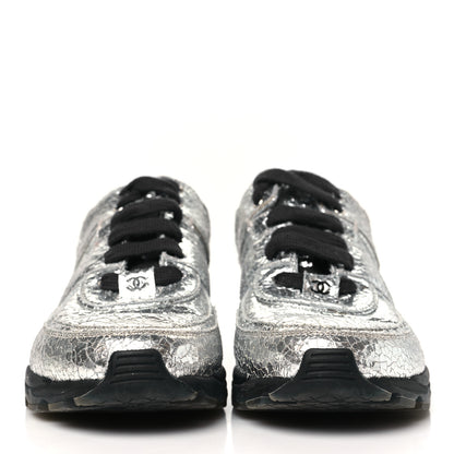 Chanel Metallic Crackled Calfskin CC Sneakers 39.5 Silver Black Navy 3 of 9