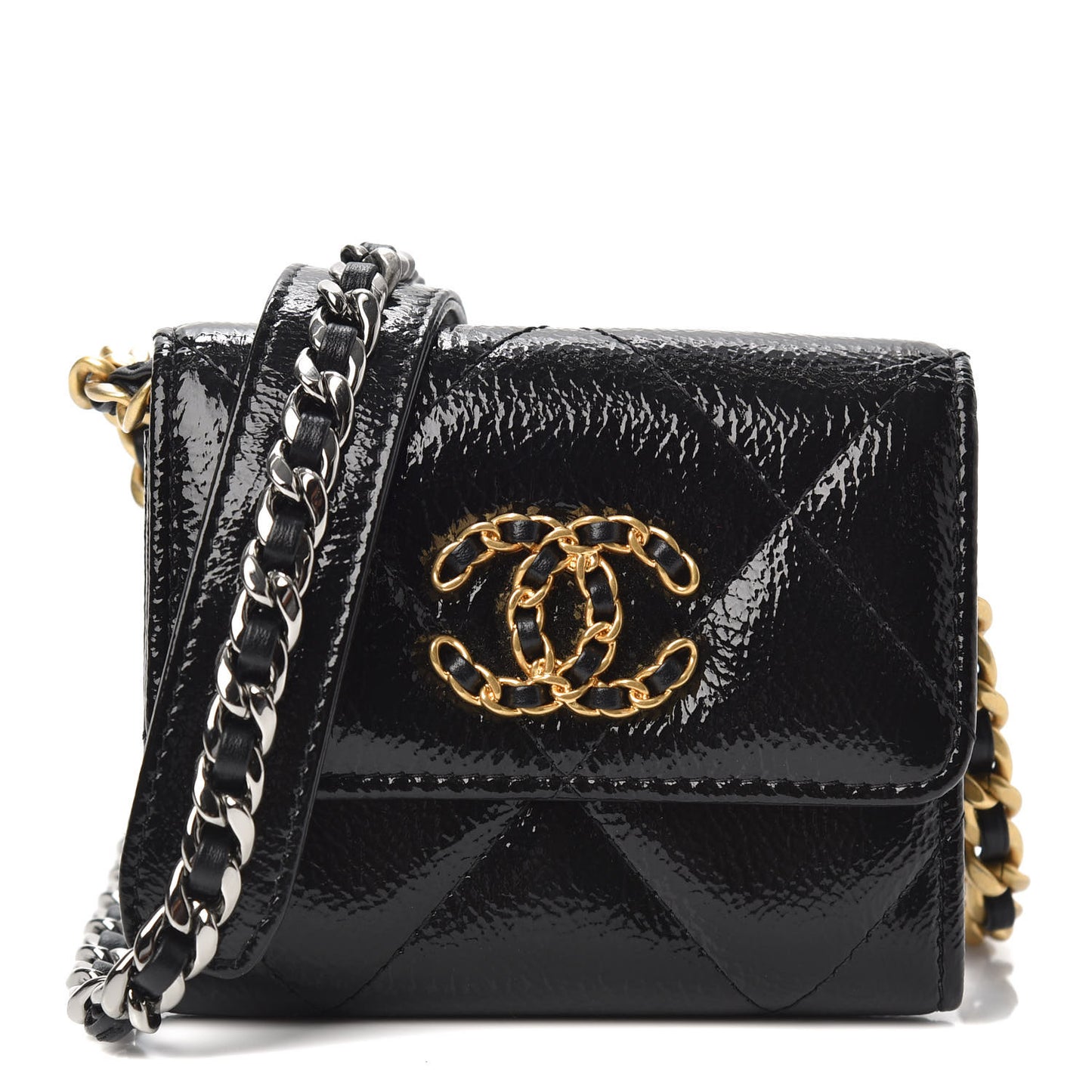 Shiny Crumpled Calfskin Quilted Chanel 19 Flap Coin Purse With Chain Black