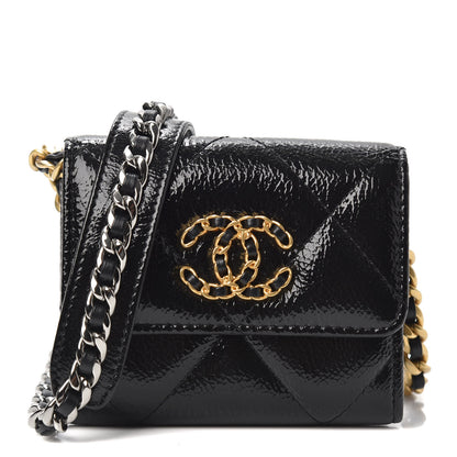 Chanel Shiny Crumpled Calfskin Quilted Chanel 19 Flap Coin Purse With Chain Black 1 of 10