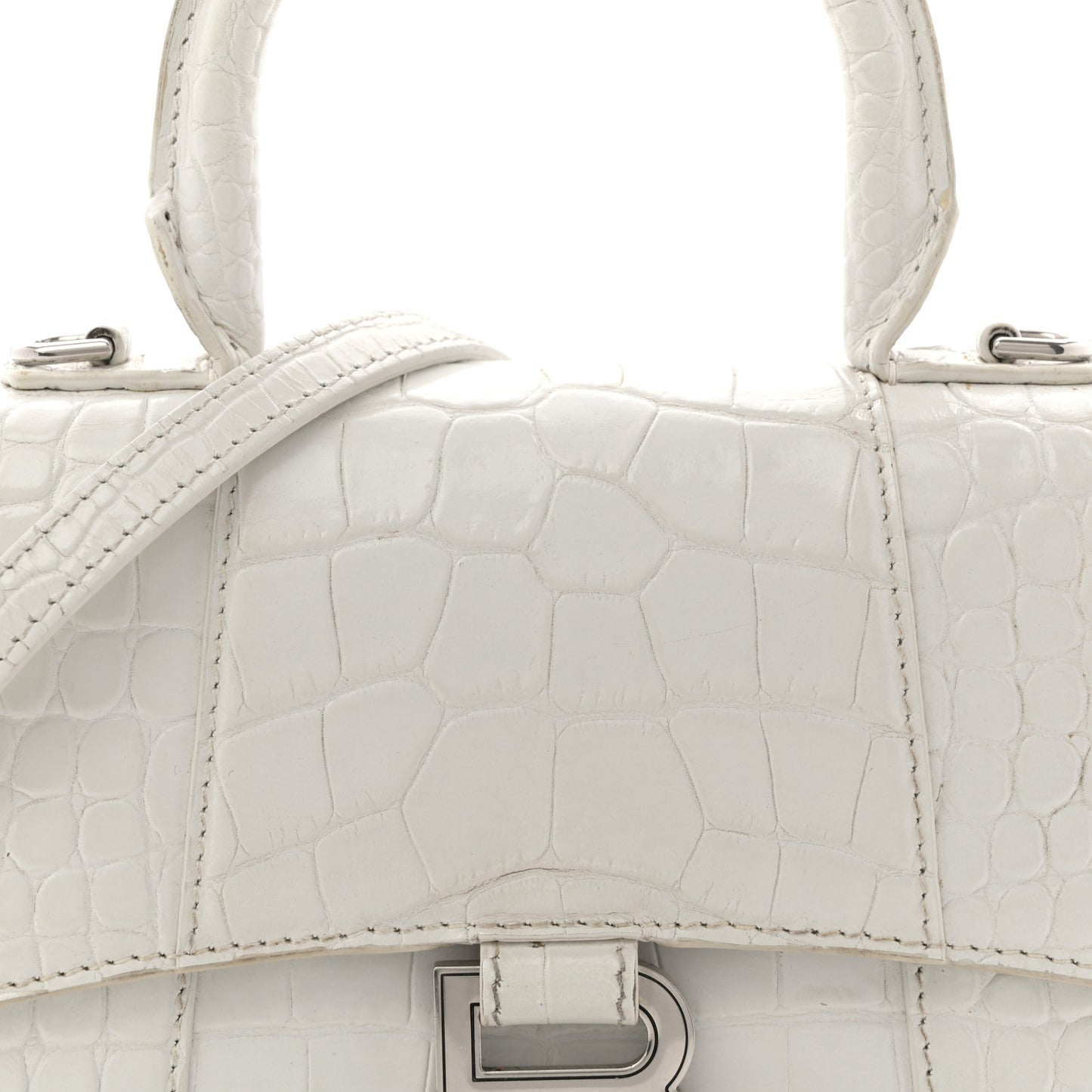 Shiny Calfskin Crocodile Embossed Hourglass Top Handle Bag XS White