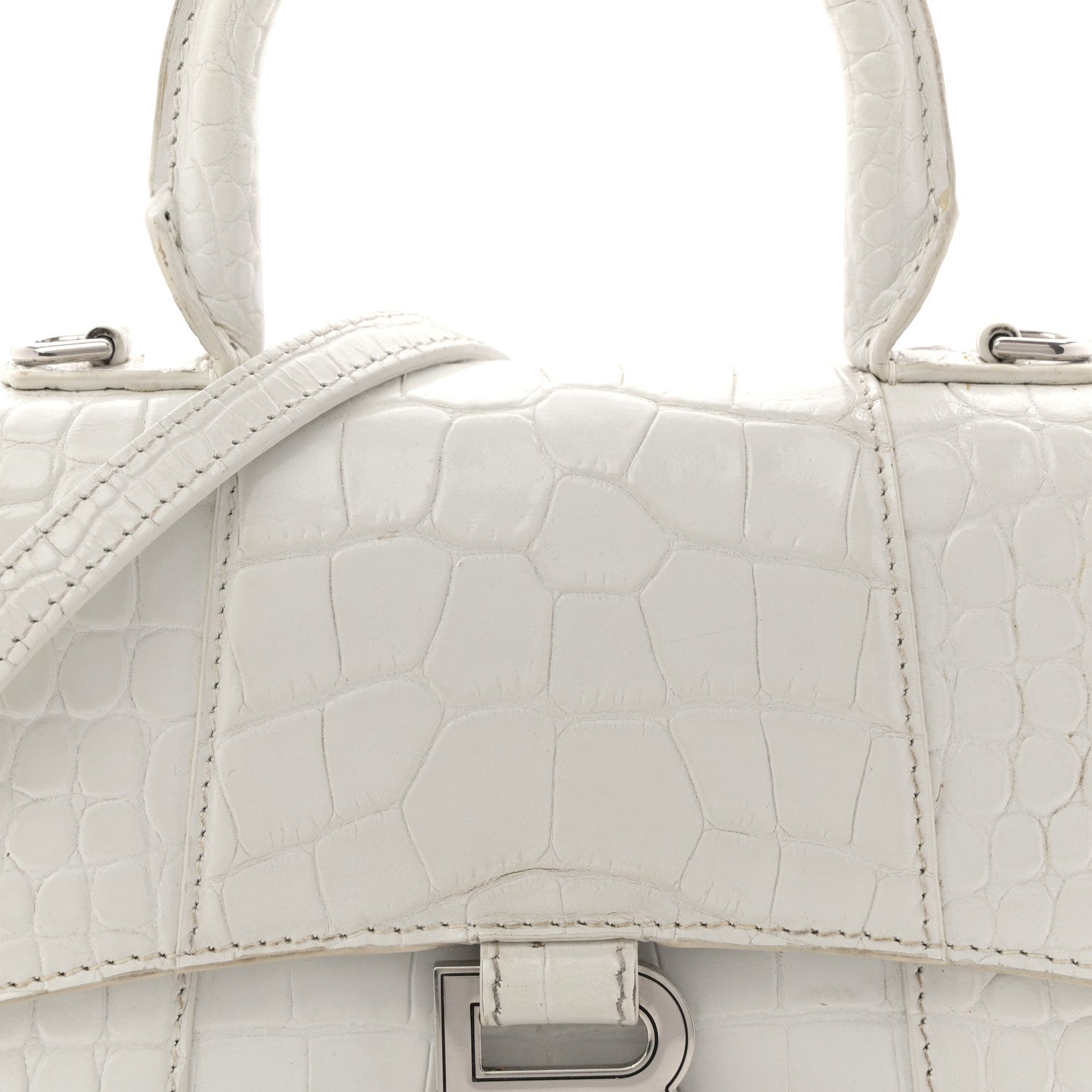 Balenciaga Shiny Calfskin Crocodile Embossed Hourglass Top Handle Bag XS White 8 of 14