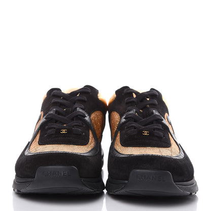 Chanel Kid Suede Croc Calfskin Embossed Metallic Fabric Mens Sneakers 46 Black Gold 2 of 8