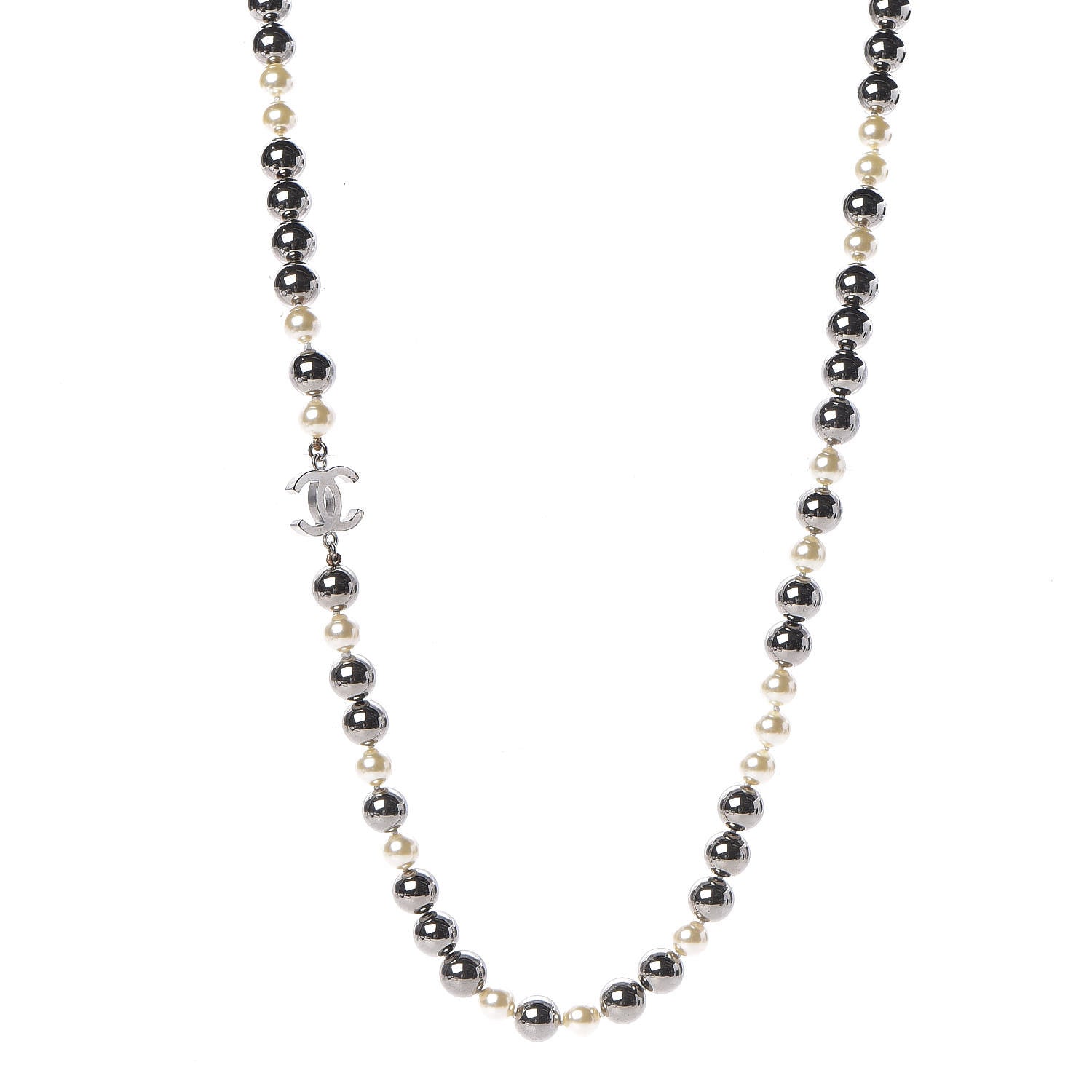 Chanel Pearl Beaded CC Long Necklace Silver 1 of 5