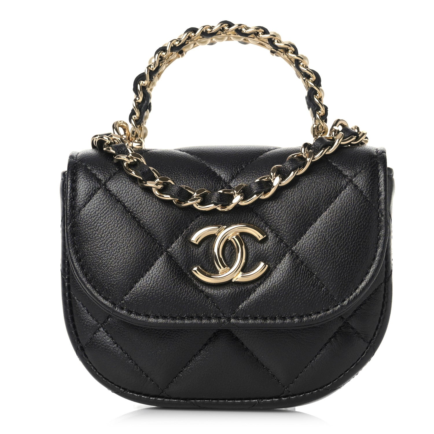 Chanel Lambskin Quilted Pearl Top Handle Clutch With Chain Black 1 of 12