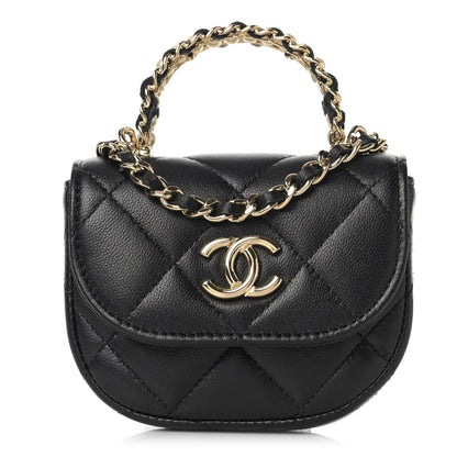 Chanel Lambskin Quilted Pearl Top Handle Clutch With Chain Black 1 of 12