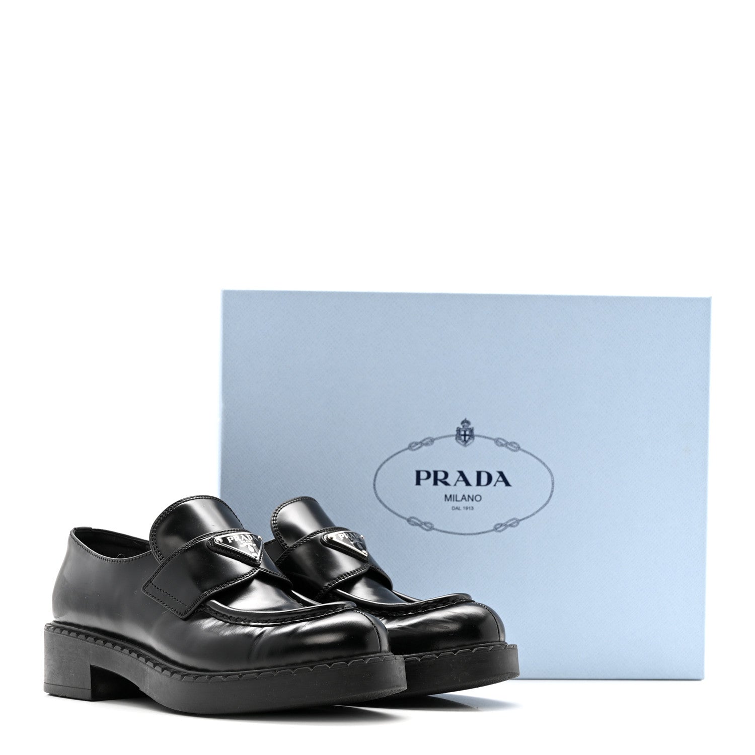 Prada Spazzolato Metal Triangle Logo 50mm Loafers 37.5 Black