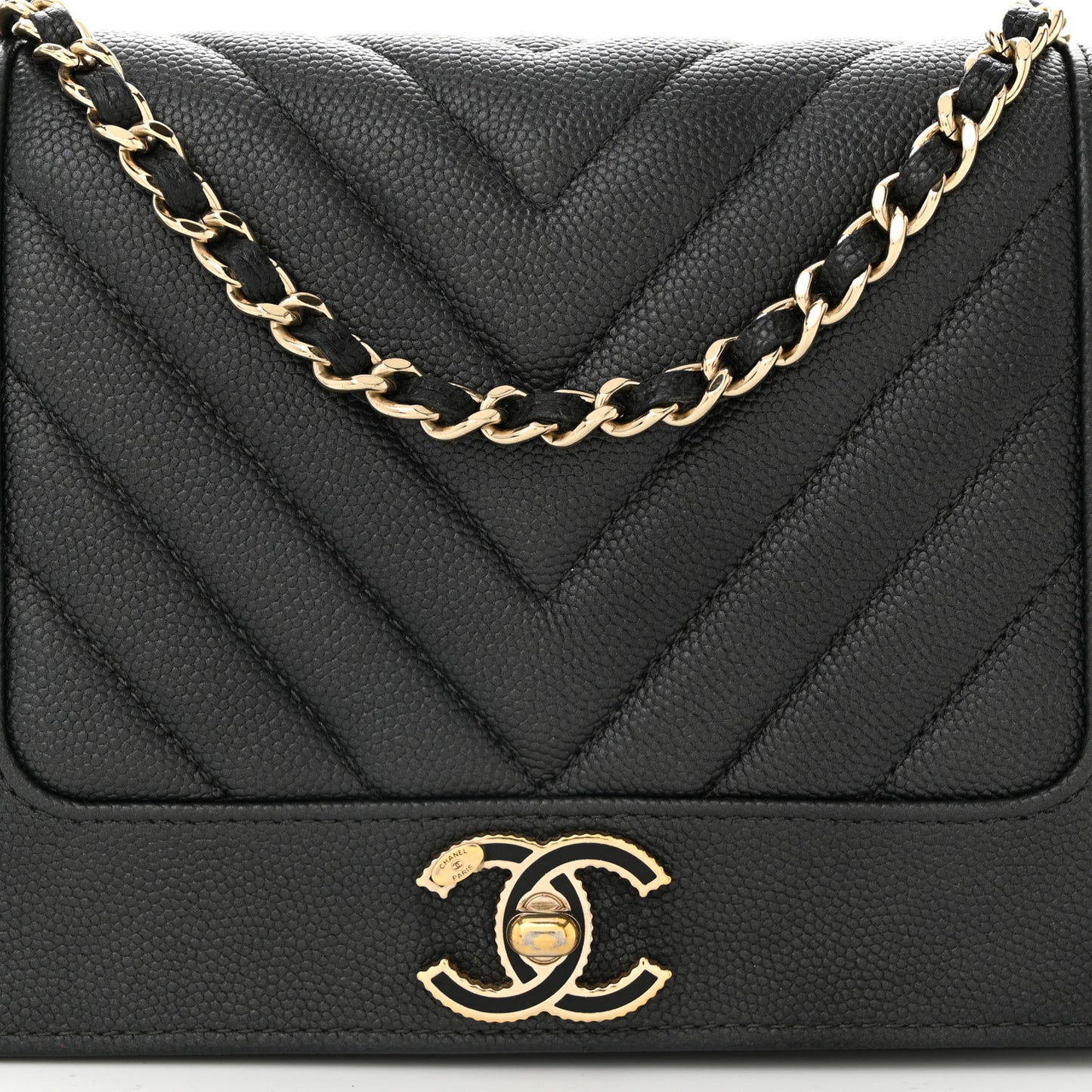 Metallic Caviar Chevron Quilted Vintage Mademoiselle Wallet On Chain WOC Charcoal