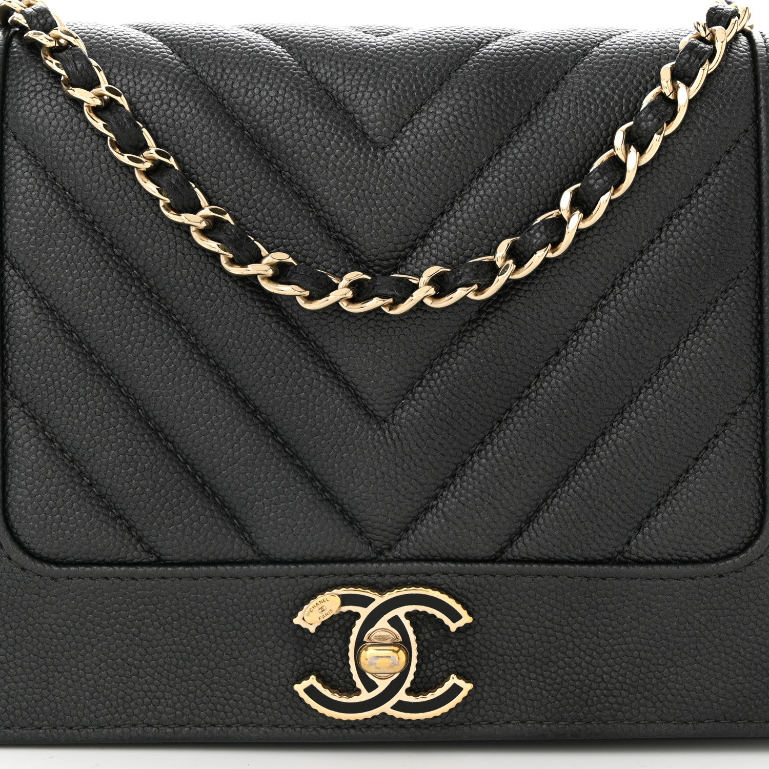 Chanel Metallic Caviar Chevron Quilted Vintage Mademoiselle Wallet On Chain WOC Charcoal 9 of 11