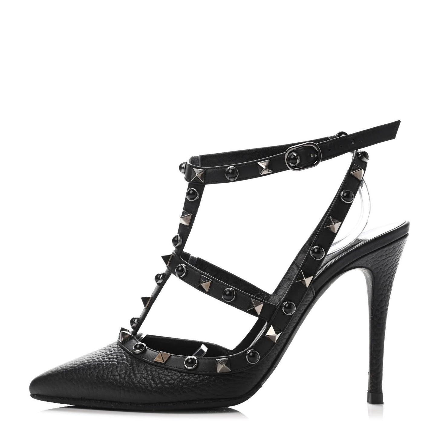 Pebbled Calfskin Onyx Rockstud Rolling Ankle Strap 100mm Pumps 37 Black