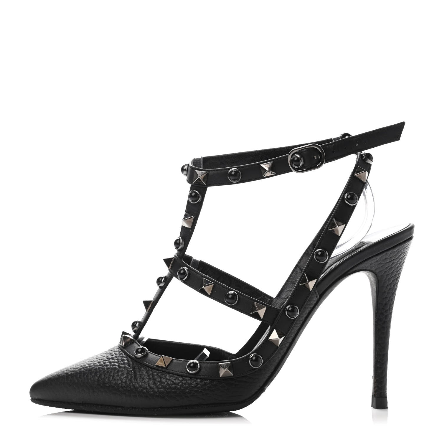 Valentino Garavani Pebbled Calfskin Onyx Rockstud Rolling Ankle Strap 100mm Pumps 37 Black 1 of 4