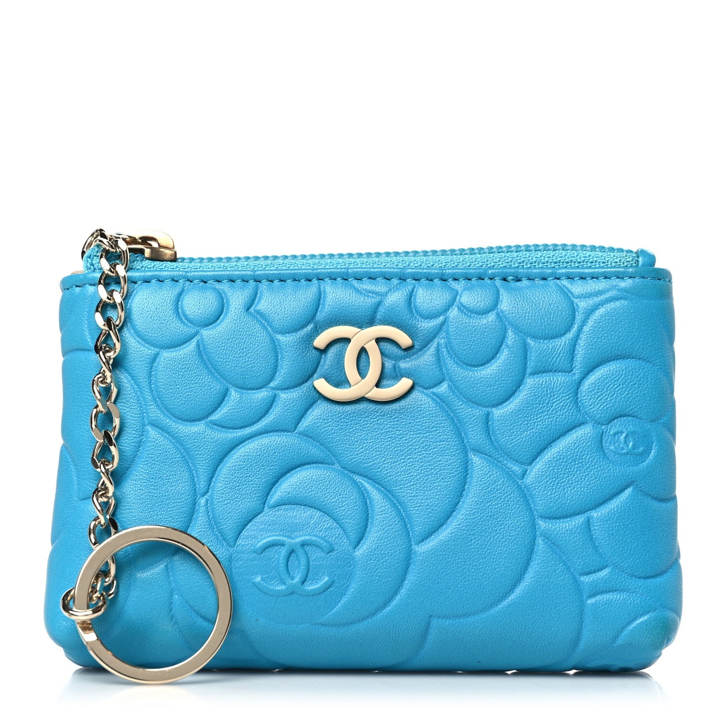 Lambskin Camellia Embossed Key Holder Case Turquoise