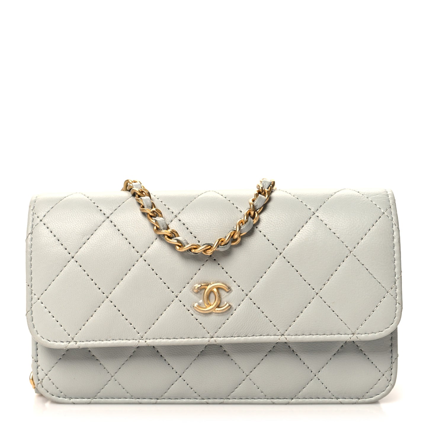 Lambskin Pearl Crush Quilted Flap Phone Holder With Chain Light Grey