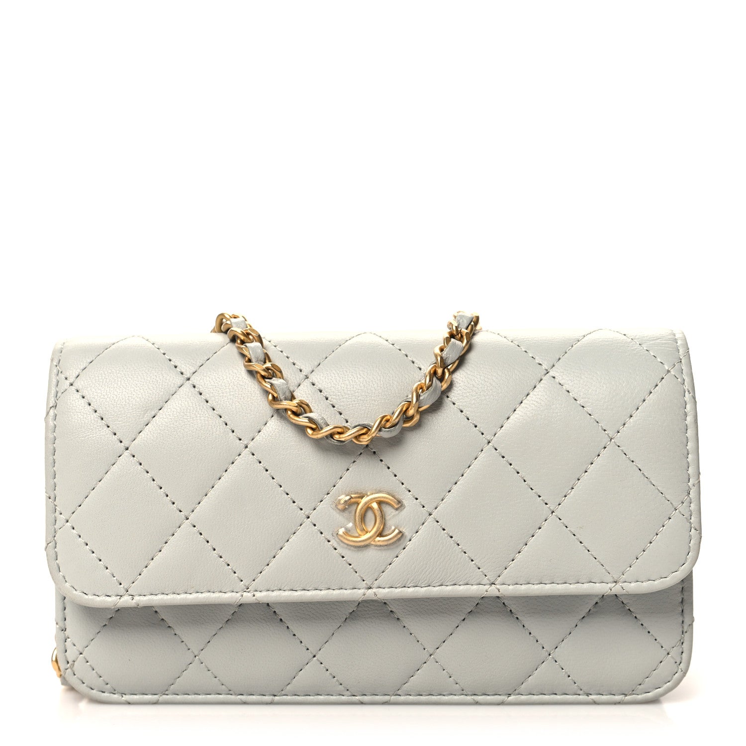 Chanel Lambskin Pearl Crush Quilted Flap Phone Holder With Chain Light Grey 1 of 11