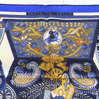 Hermes Silk Tapis De Selle Scarf 90 Vanille Bleu Royal Gold 3 of 5
