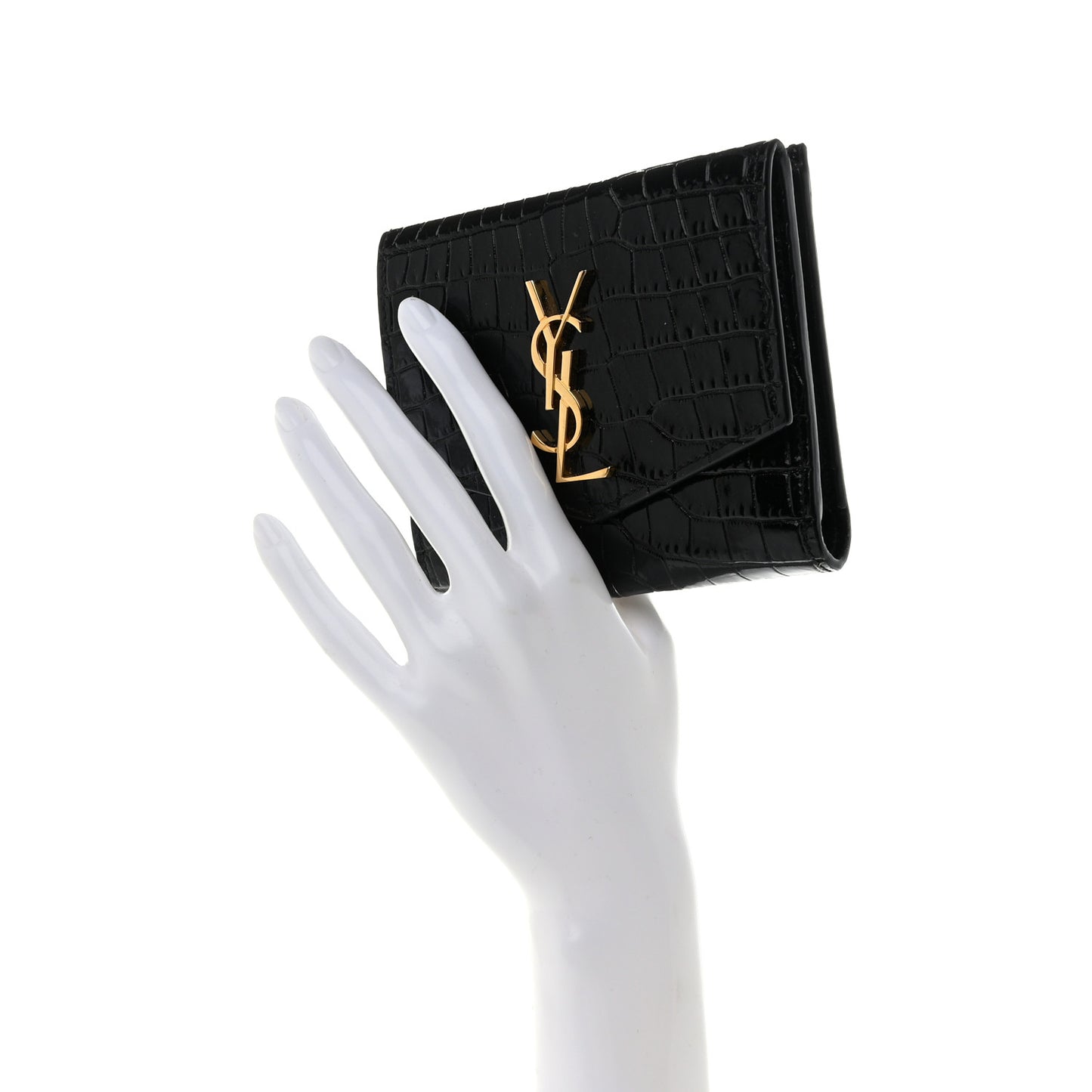 Shiny Calfskin Crocodile Embossed Monogram Uptown Compact Wallet Black