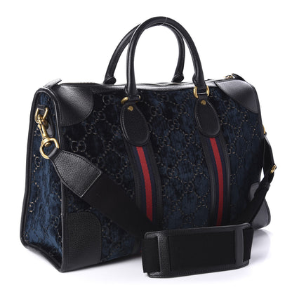 Gucci Velvet GG Monogram Textured Calfskin Web Medium Duffle Bag Blue Beige Black 2 of 9
