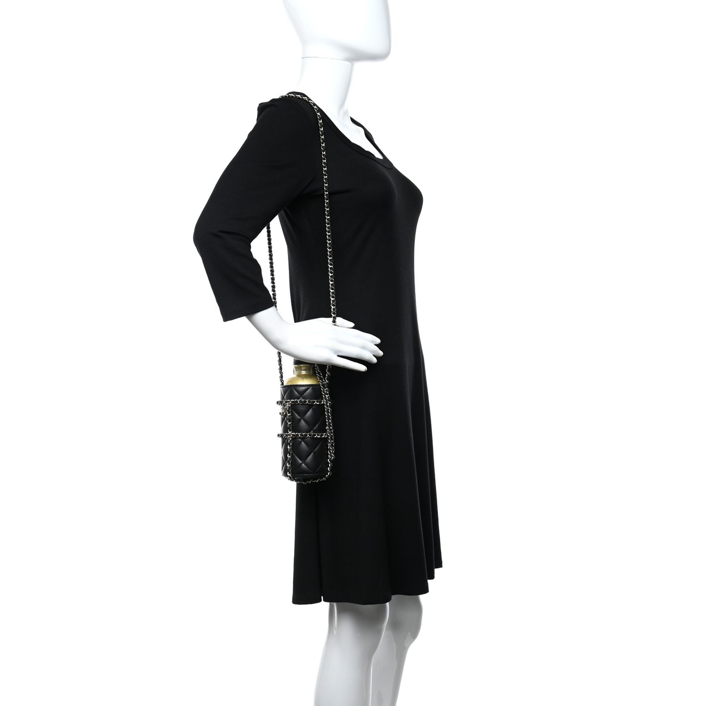 Lambskin Quilted CC To Drink Water Bottle Black Gold