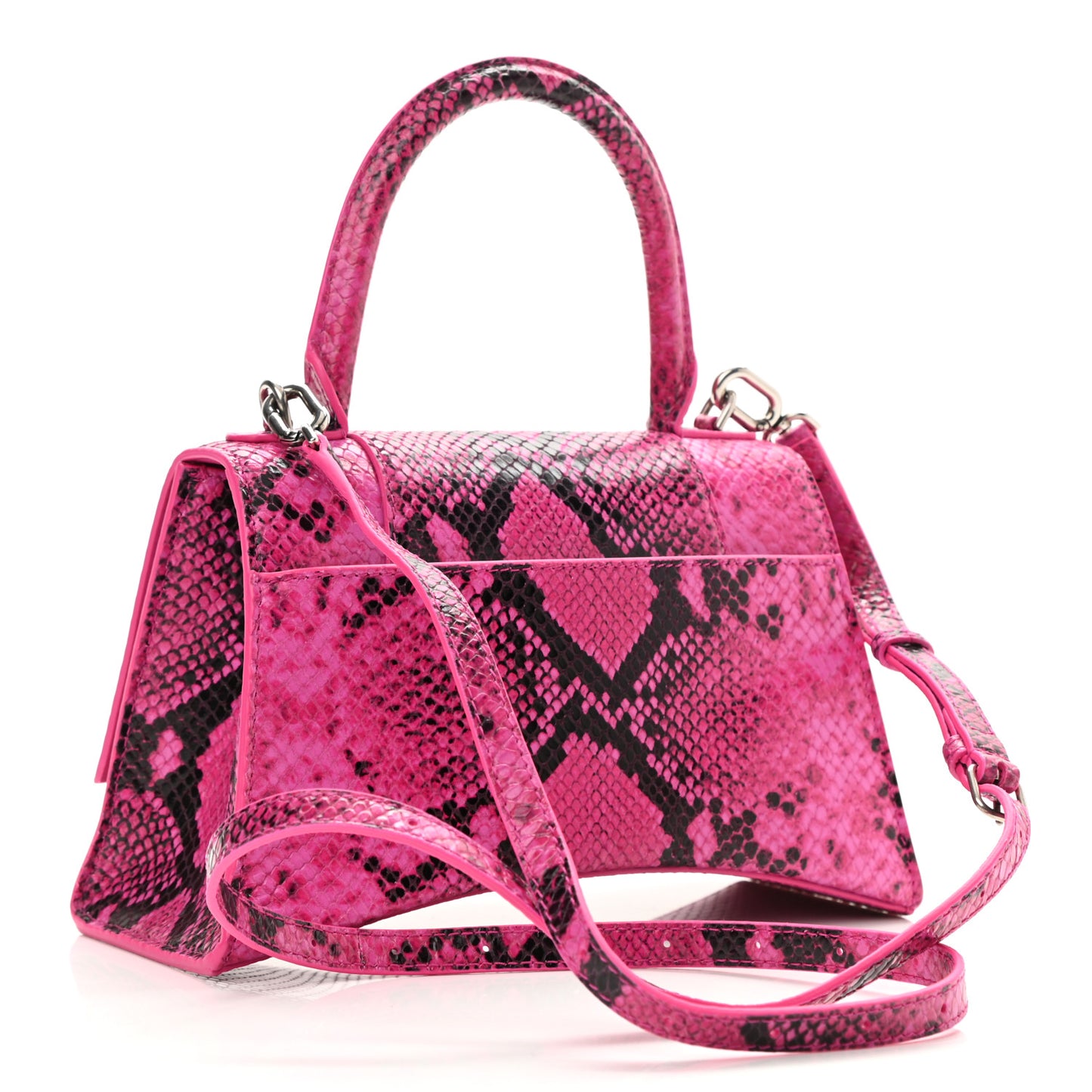Shiny Calfskin Python Effect Small Hourglass Top Handle Bag Fuchsia Black