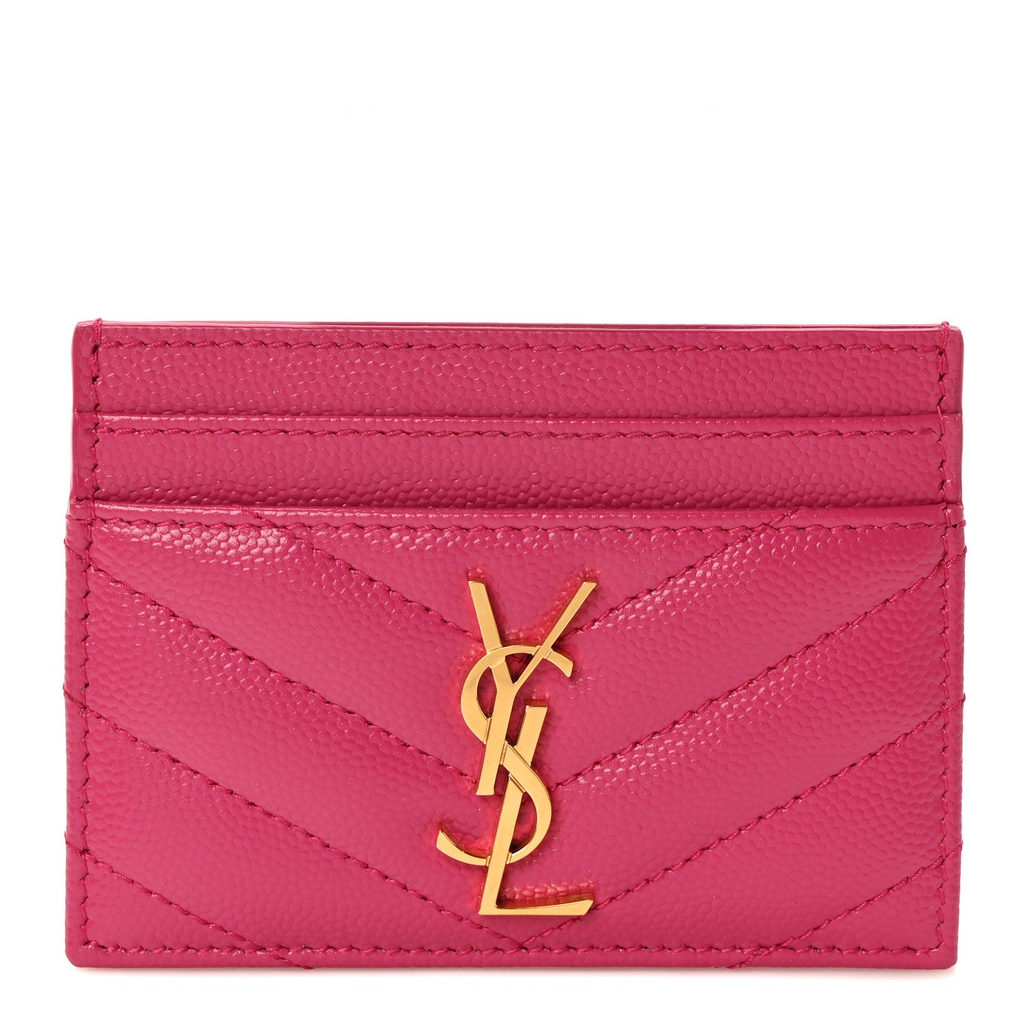 Saint Laurent Grain De Poudre Matelasse Chevron Monogram Credit Card Case Fresh Fuxia 1 of 7