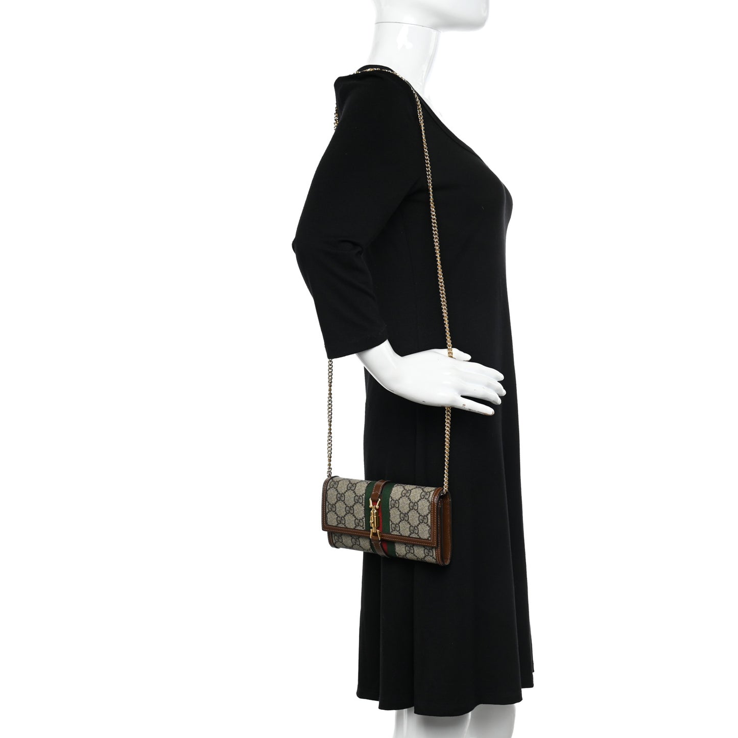 GG Supreme Monogram Azalea Calfskin Web Jackie 1961 Chain Wallet Beige Ebony Brown Sugar