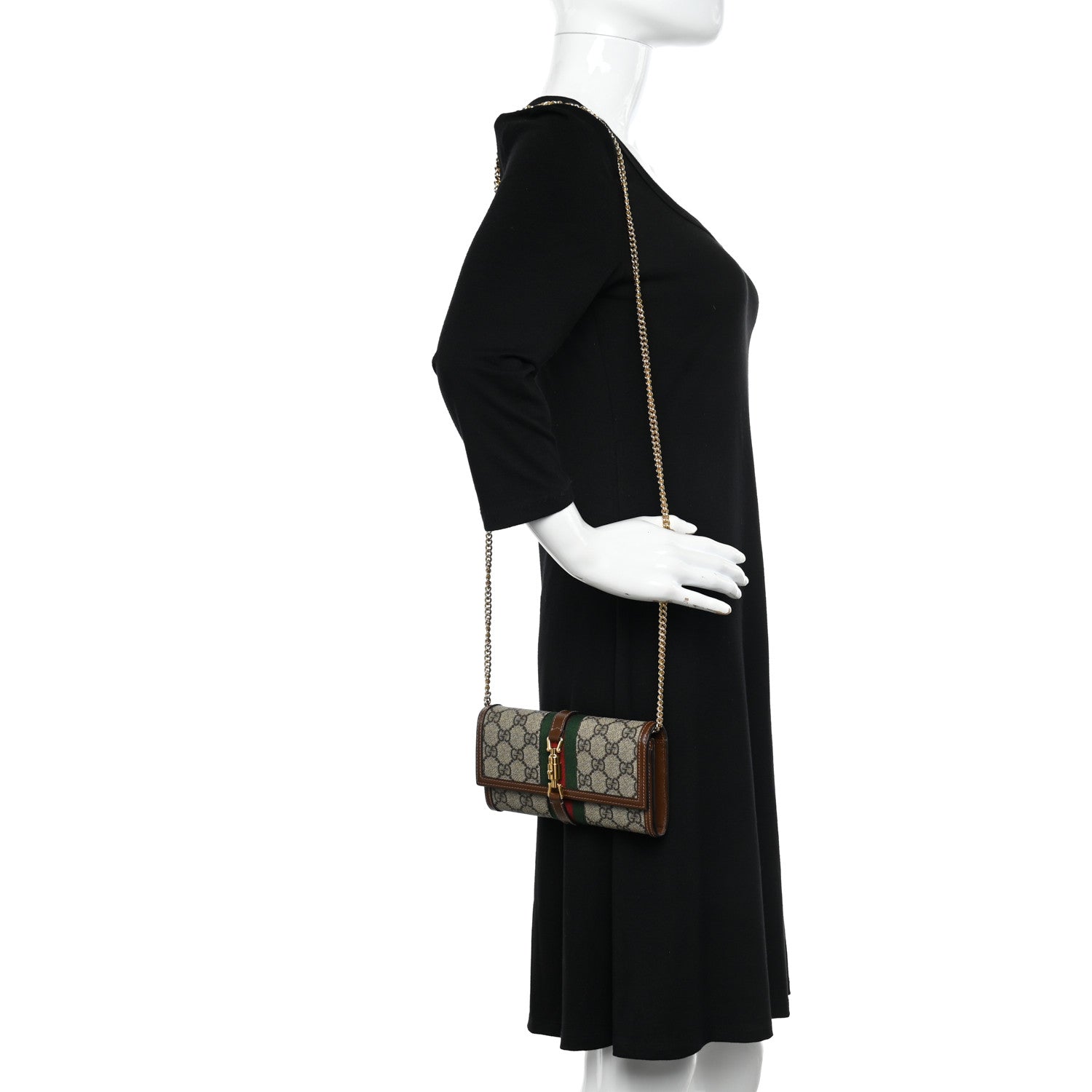 Gucci GG Supreme Monogram Azalea Calfskin Web Jackie 1961 Chain Wallet Beige Ebony Brown Sugar 2 of 13