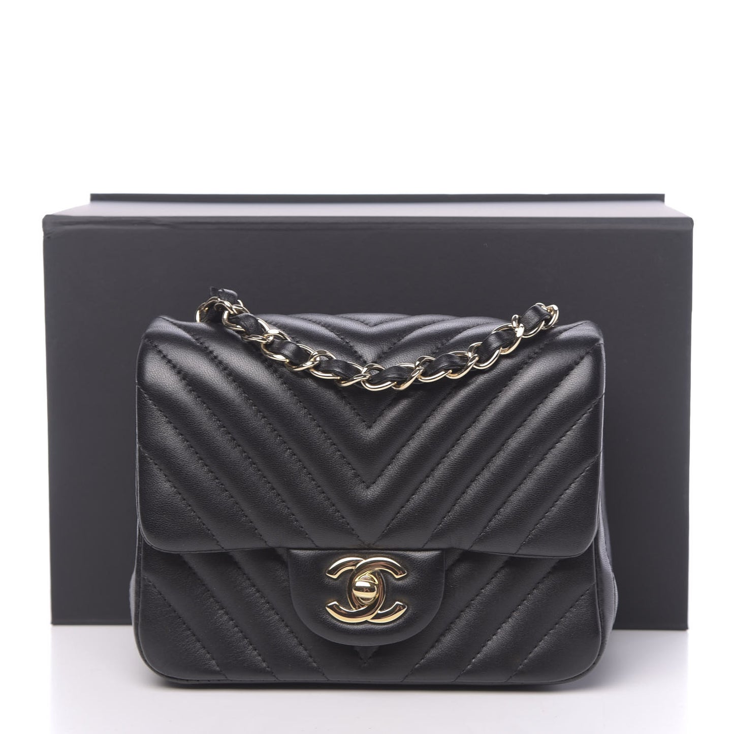 Lambskin Chevron Quilted Mini Square Flap Black