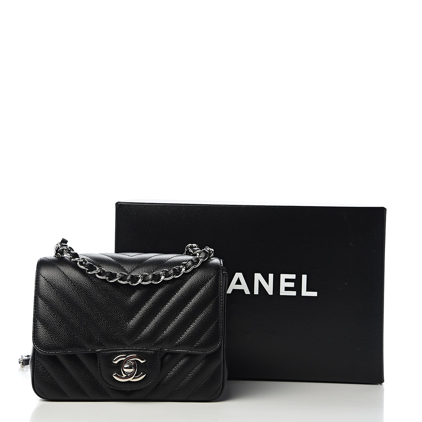 Caviar Chevron Quilted Mini Square Flap Black