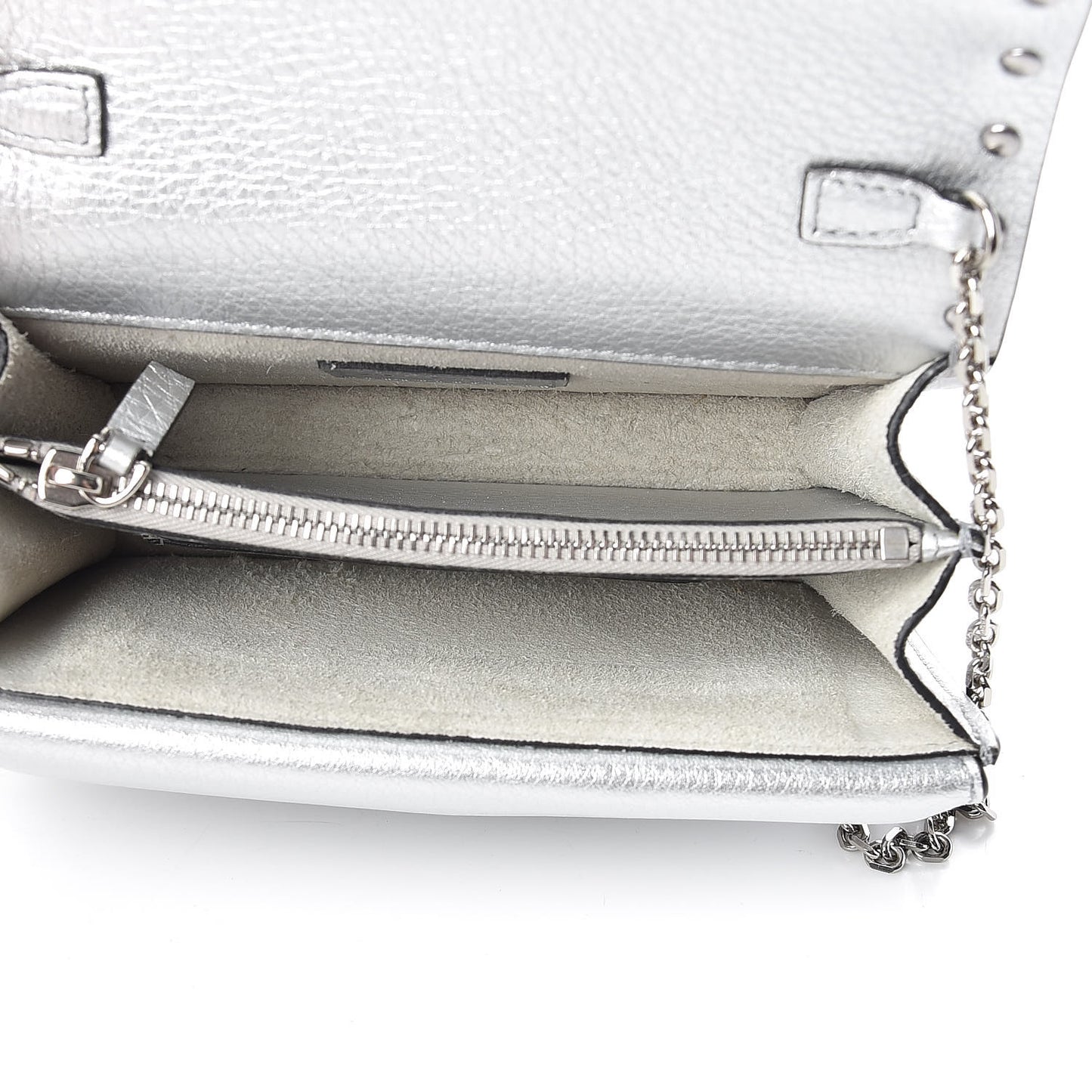 Metallic Pebbled Calfskin Rockstud Wallet on Chain Silver